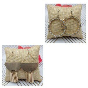 Lot of 2 Gold Tone Dangle Drop Earrings Art Deco Semi Circles and Crystal Hoops